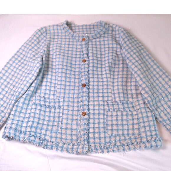 Woman's Jacket Plaid Tweed 4XL blue-white classic elegant plus size - Picture 2 of 6